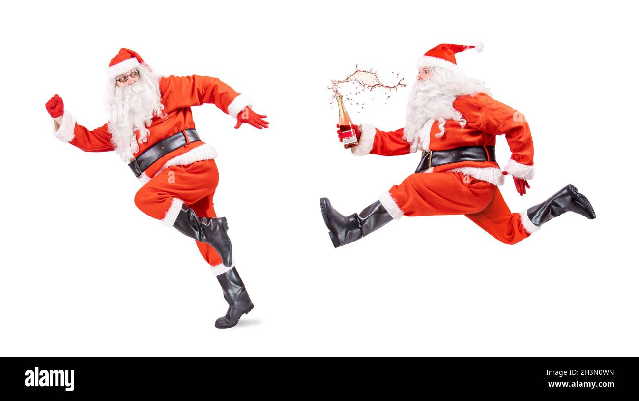 New Year's relay, Santa Claus runs and hand over the drink, isolated on a white background Stock Photo