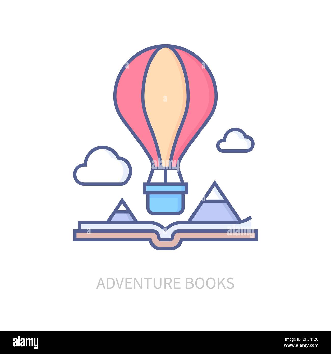 Adventure books - modern line design style icon on white background. Neat detailed image of fairy tales. Pages are opened in an interesting plot spot. Stock Vector