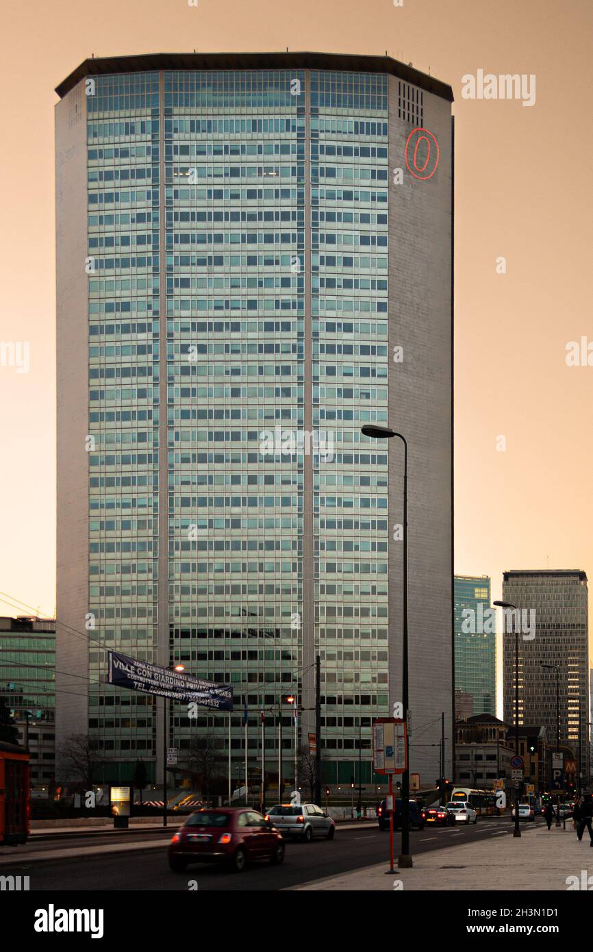 Milan, Italy; March 23th 2011: View of the Pirelli building at sunset. Stock Photo