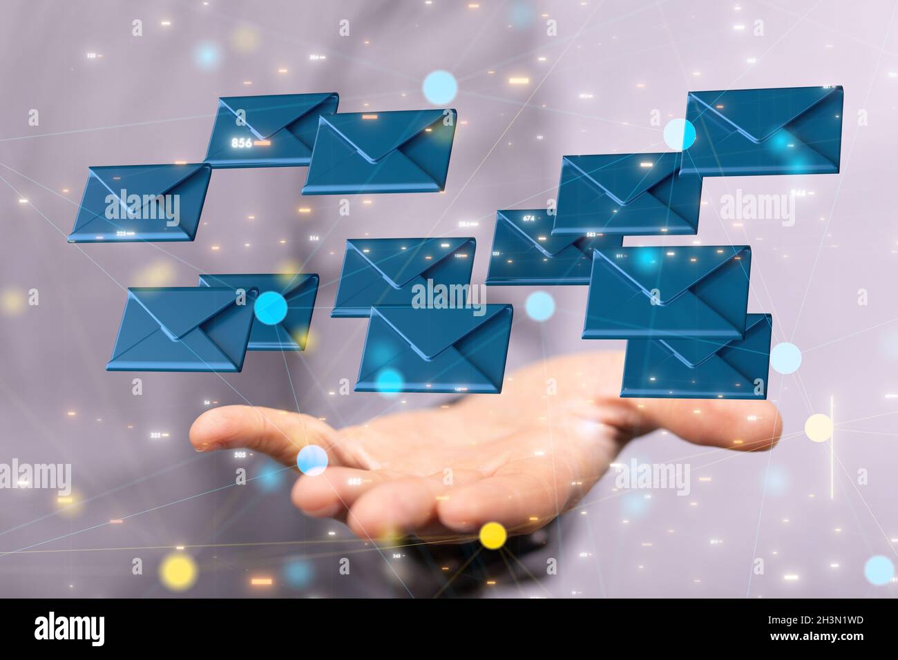 3D rendering of email icons floating on a man's hand - communication ...