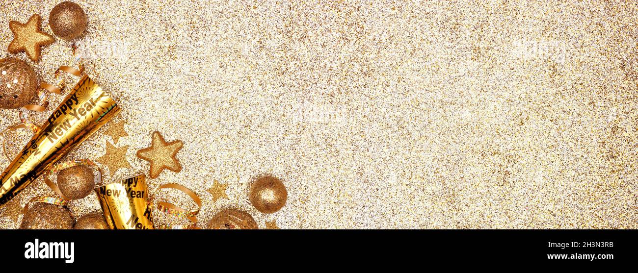 New Years Eve corner border banner of gold decorations, steamers and ...
