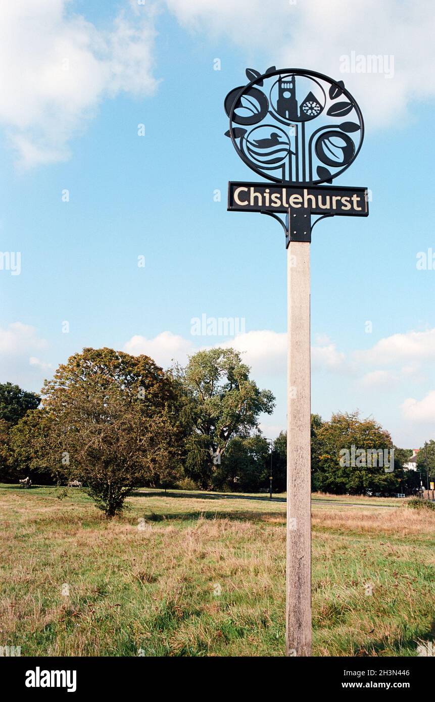 Village sign on Chislehurst Common, in the London Borough of Bromley, South East England Stock Photo