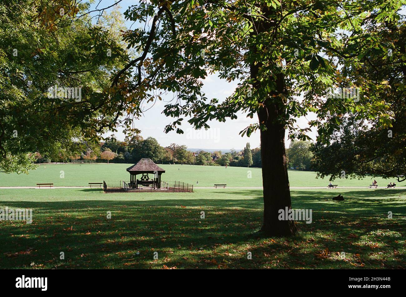 Crystal Palace Park, South East London,  UK, in autumn, looking south, with the RNVR Great War Memorial Bell in background Stock Photo