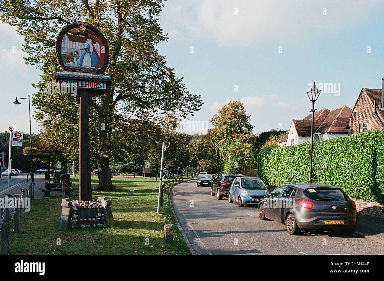 Chislehurst village sign near Royal Parade, in the London Borough of Bromley, South East England Stock Photo
