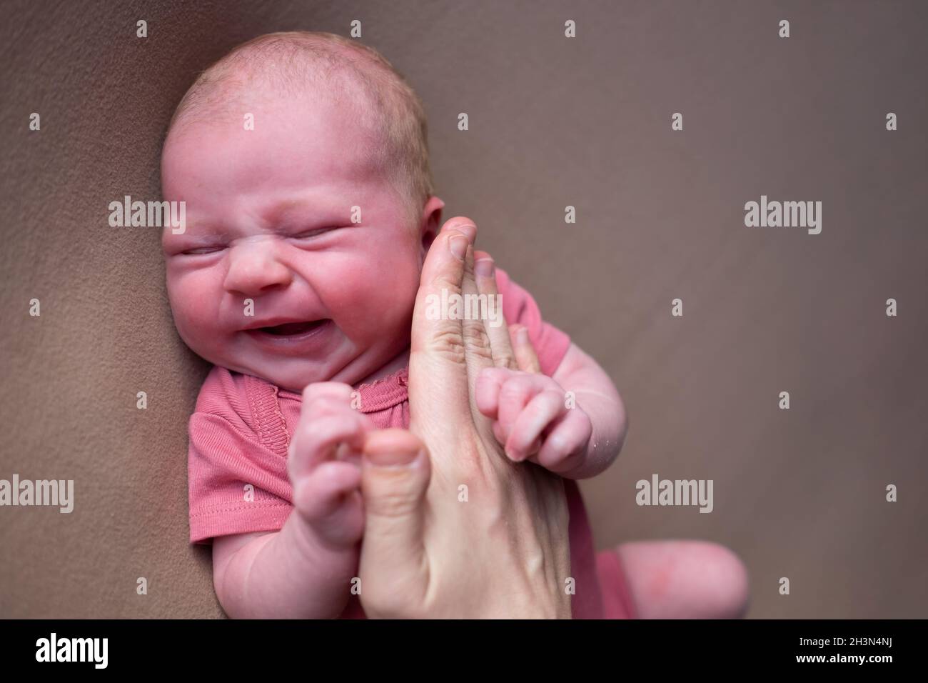 Baby boy crying while posing for his first portrait Stock Photo