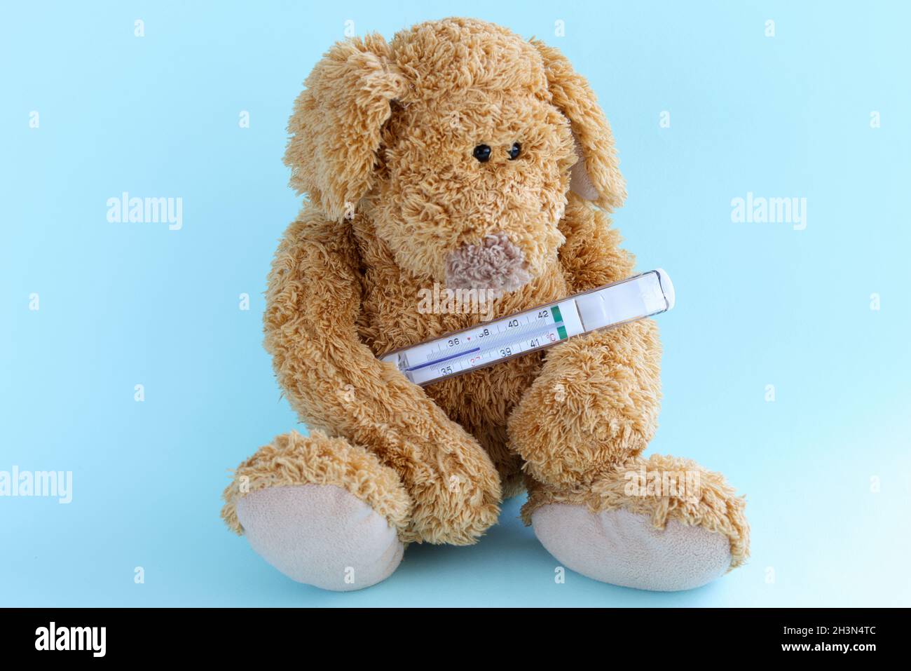 Children toy dog sits with medical thermometer closeup Stock Photo