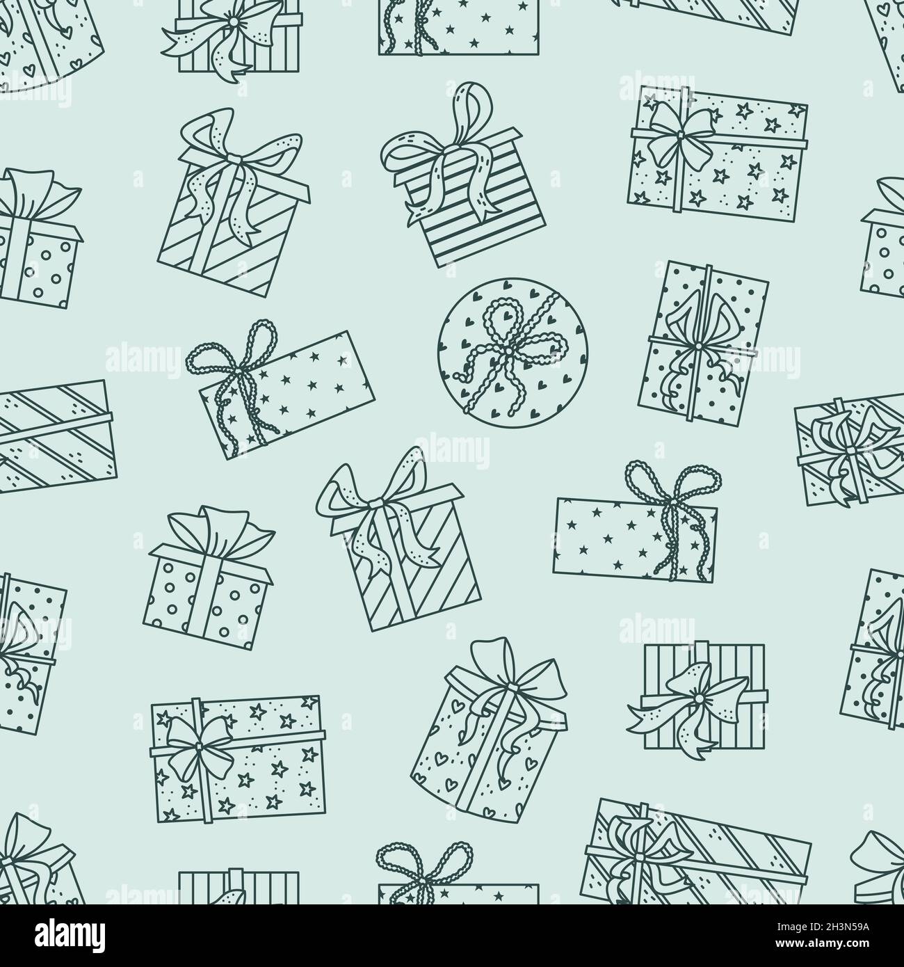 Vector seamless pattern with gift boxes in outline style. Celebration Stock Vector