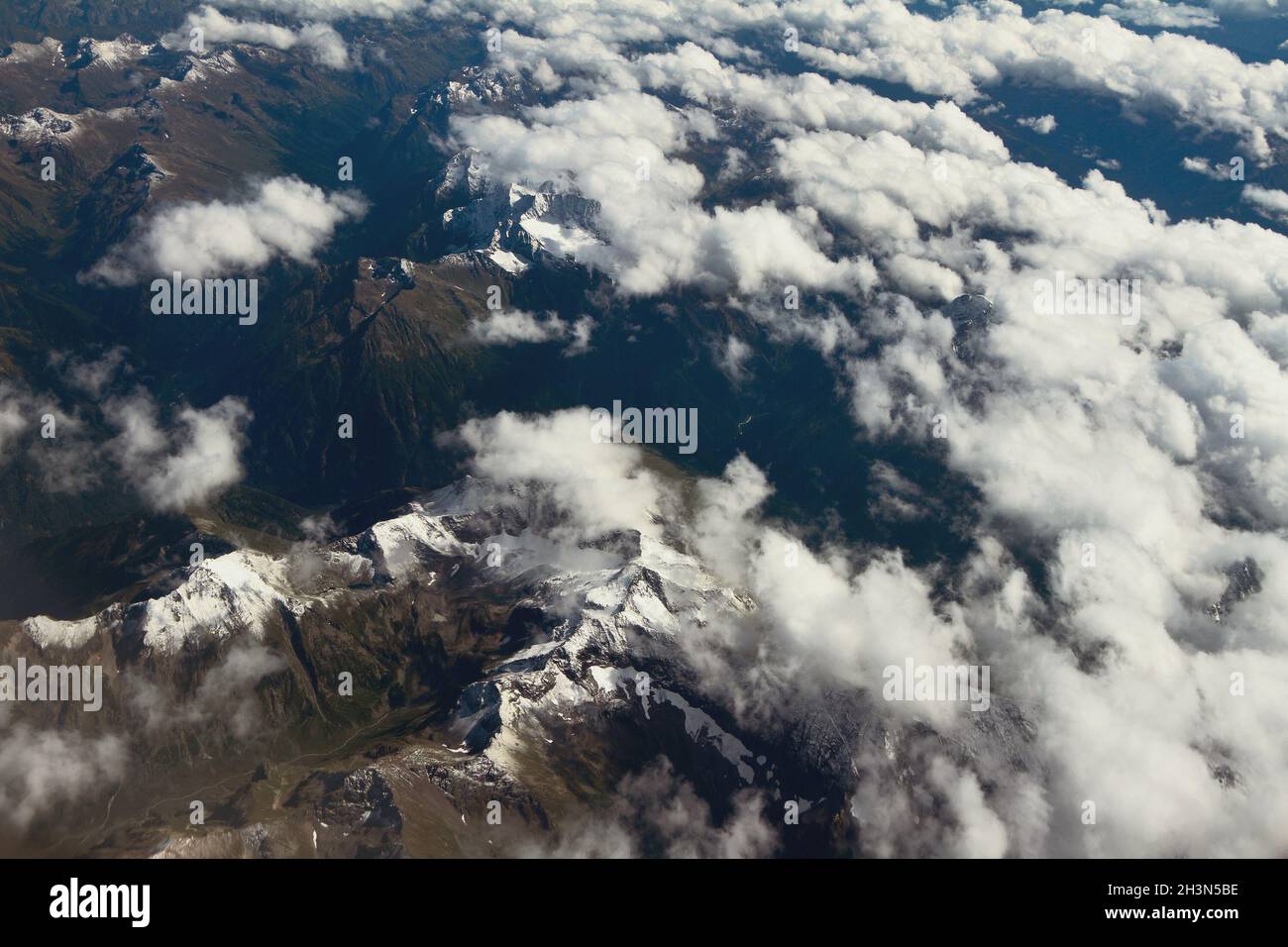 Mountains under clouds, aerial survey. Caucasus, Krasnodar Territory, Russia Stock Photo