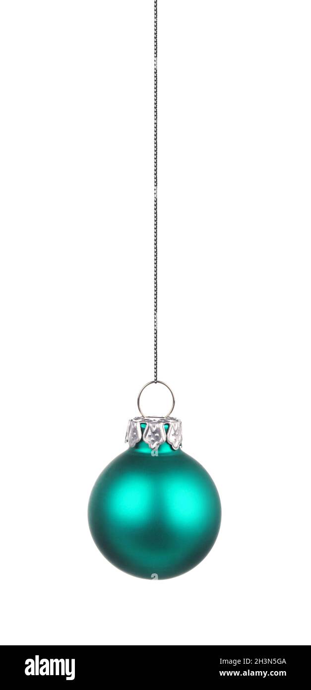 Hanging teal colored Christmas ornament isolated on white Stock Photo