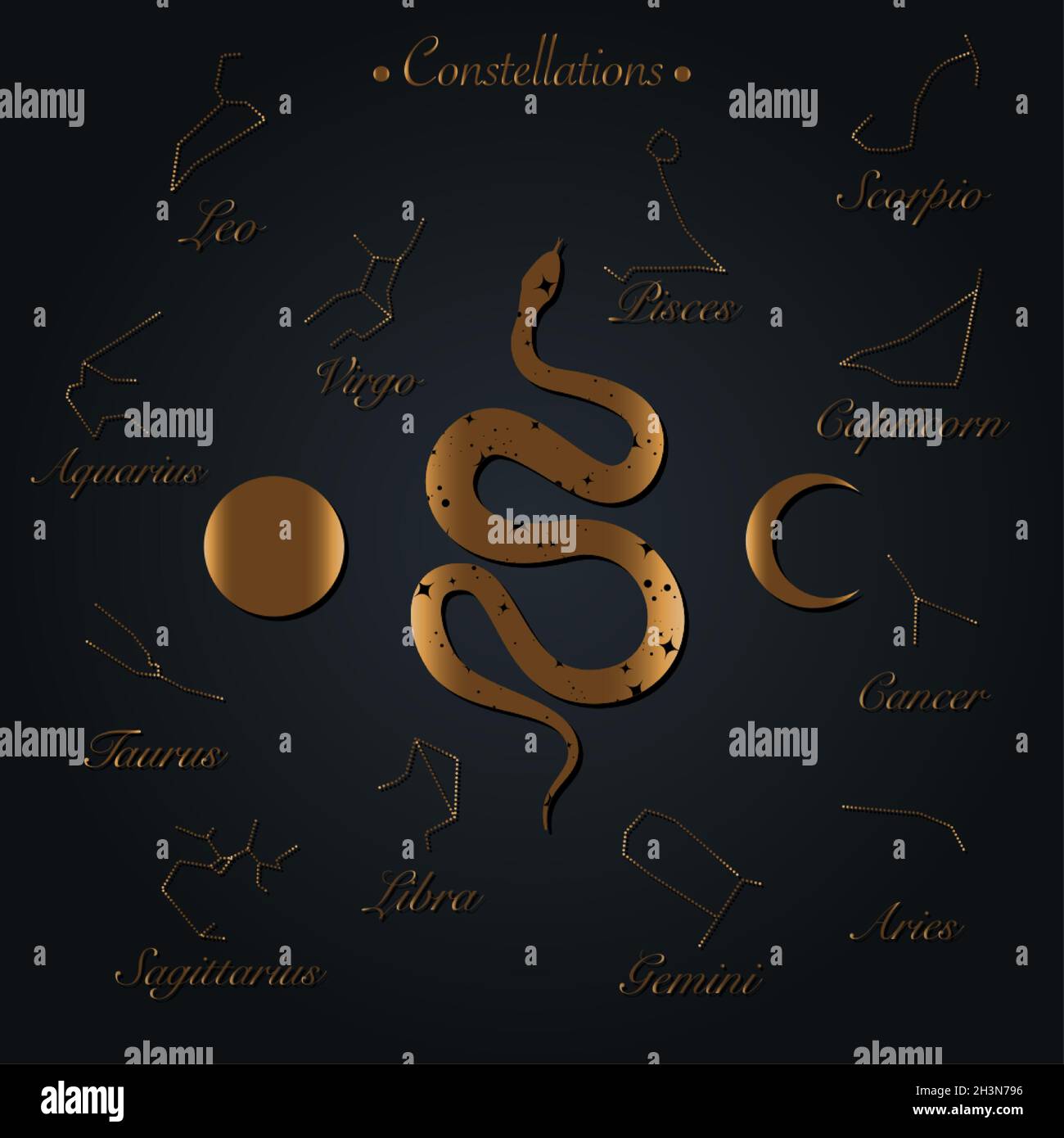 Modern abstract art print with snake and stars, Moon, constellations name. Boho style. Cosmic minimalistic scene. Isolated elements on black Gold sign Stock Vector
