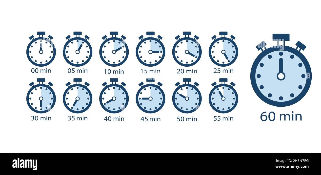 Cooking time, set of time counter icons from 5 minutes to 1 hour. Stopwatch Timer Clock Vector Illustration Isolated Stock Vector