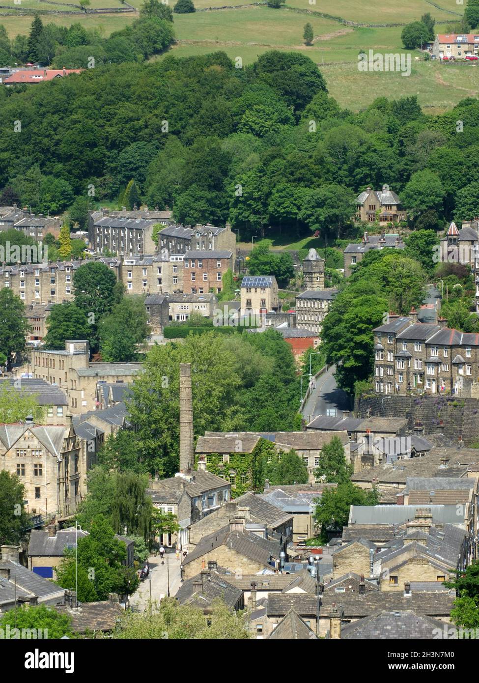 Aerial view of the town of hebden bridge in west yorkshire in summer Stock Photo