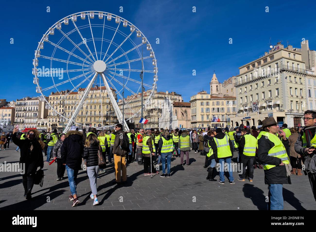 Yellow Jackets protesting on 26th of January 2019 at Vieux Port in Marseilles, France Stock Photo
