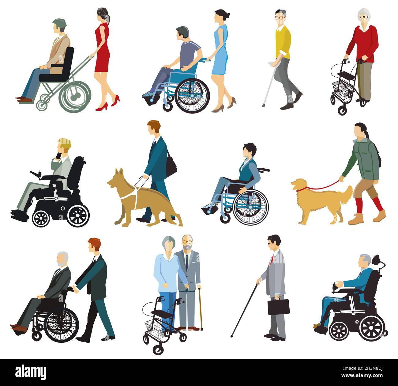 Group of people with disabilities and walking aids, isolated Stock