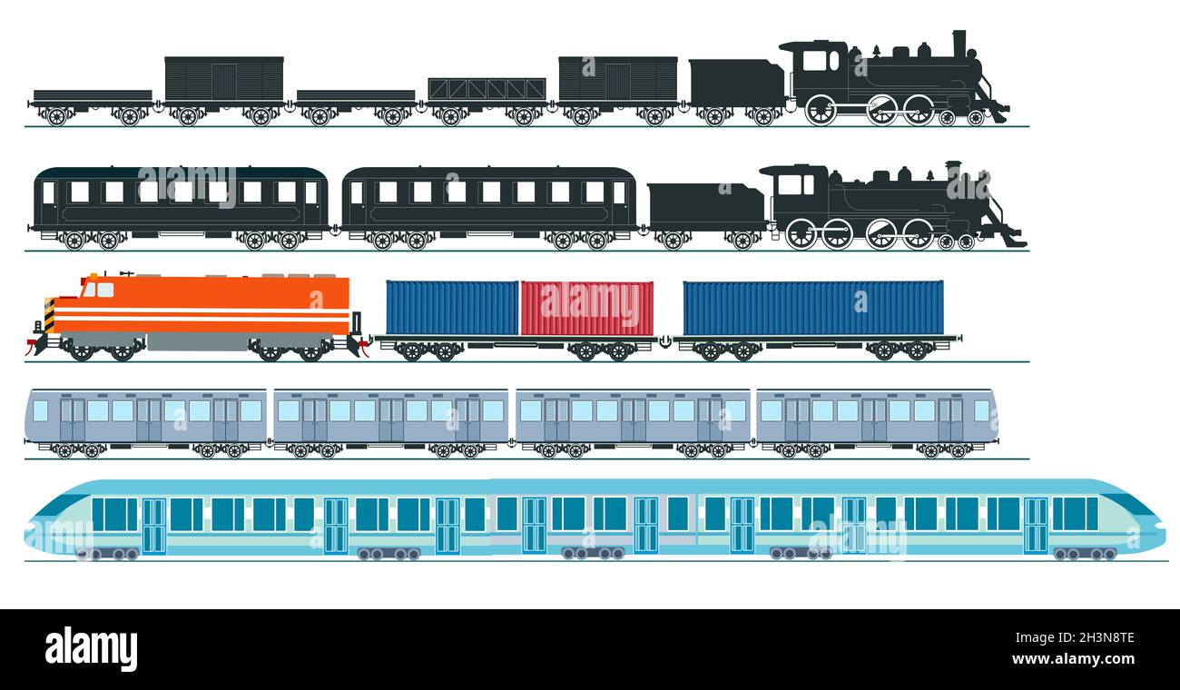 Express train freight train steam locomotive, railroad car. Freight, set Stock Photo