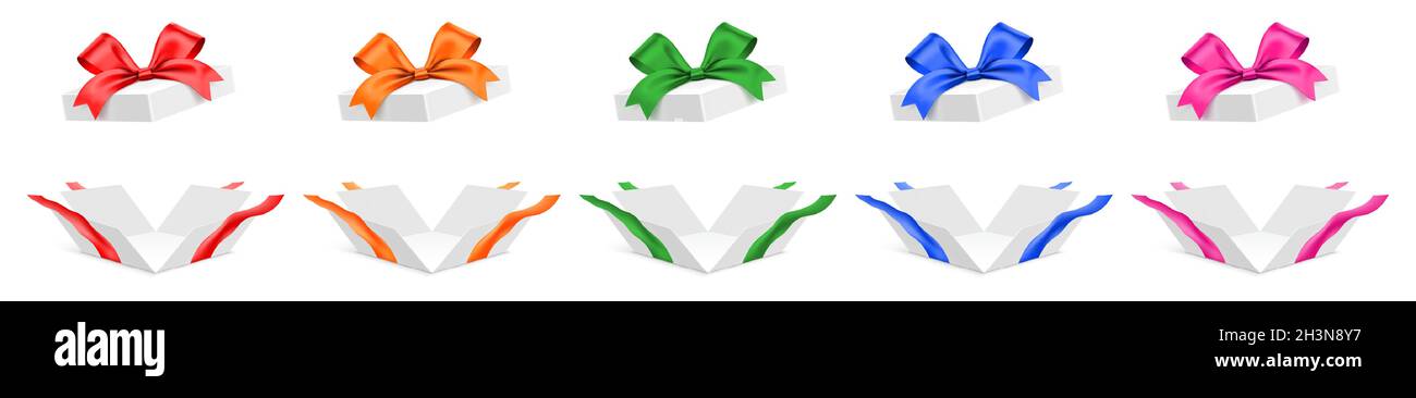 Vector set of unfolded white gift boxes with different color ribbons ...
