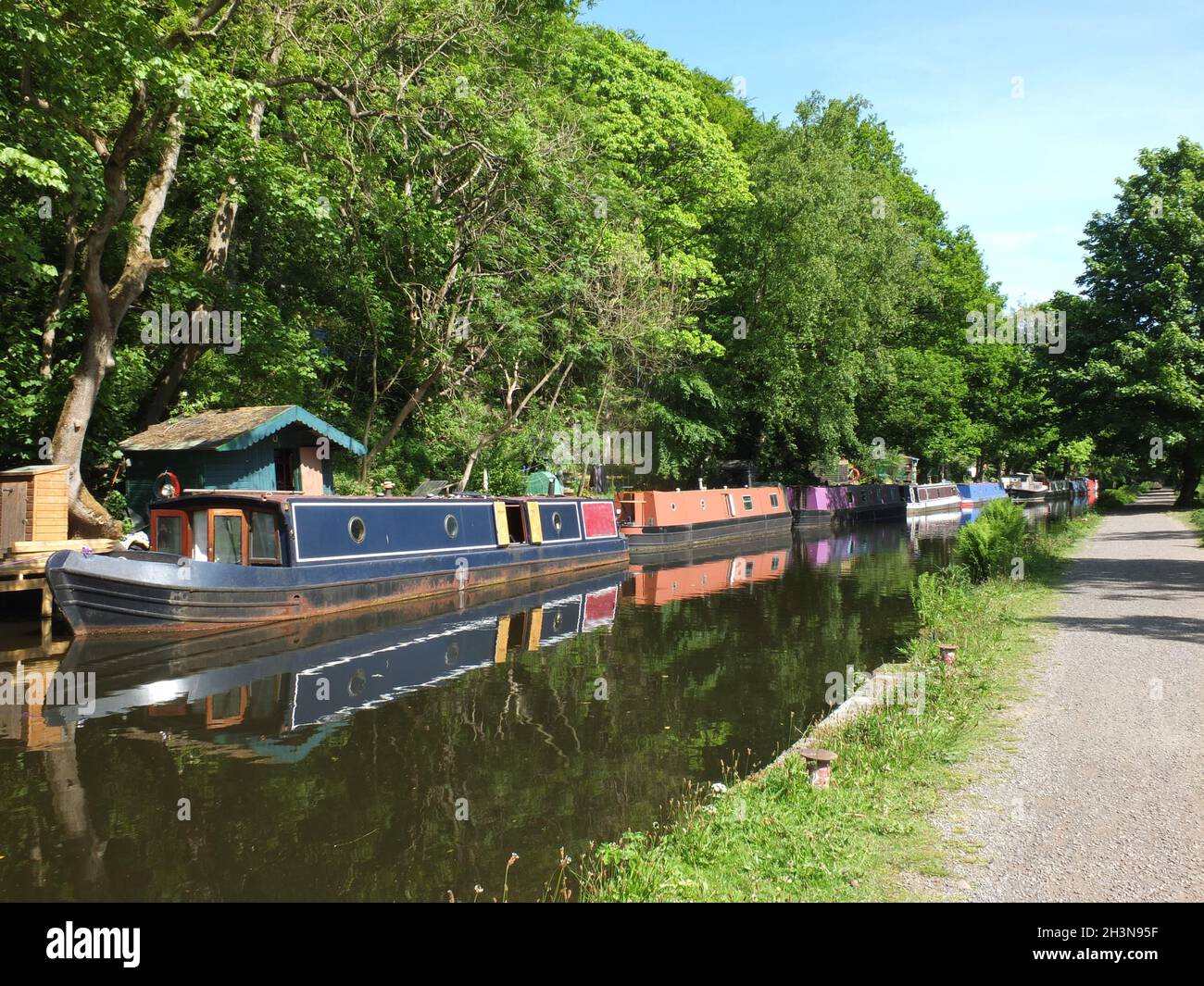 Canal boats moored opposite the path on the rochdale canal near hebden bridge surrounded by trees in summer sunlight Stock Photo