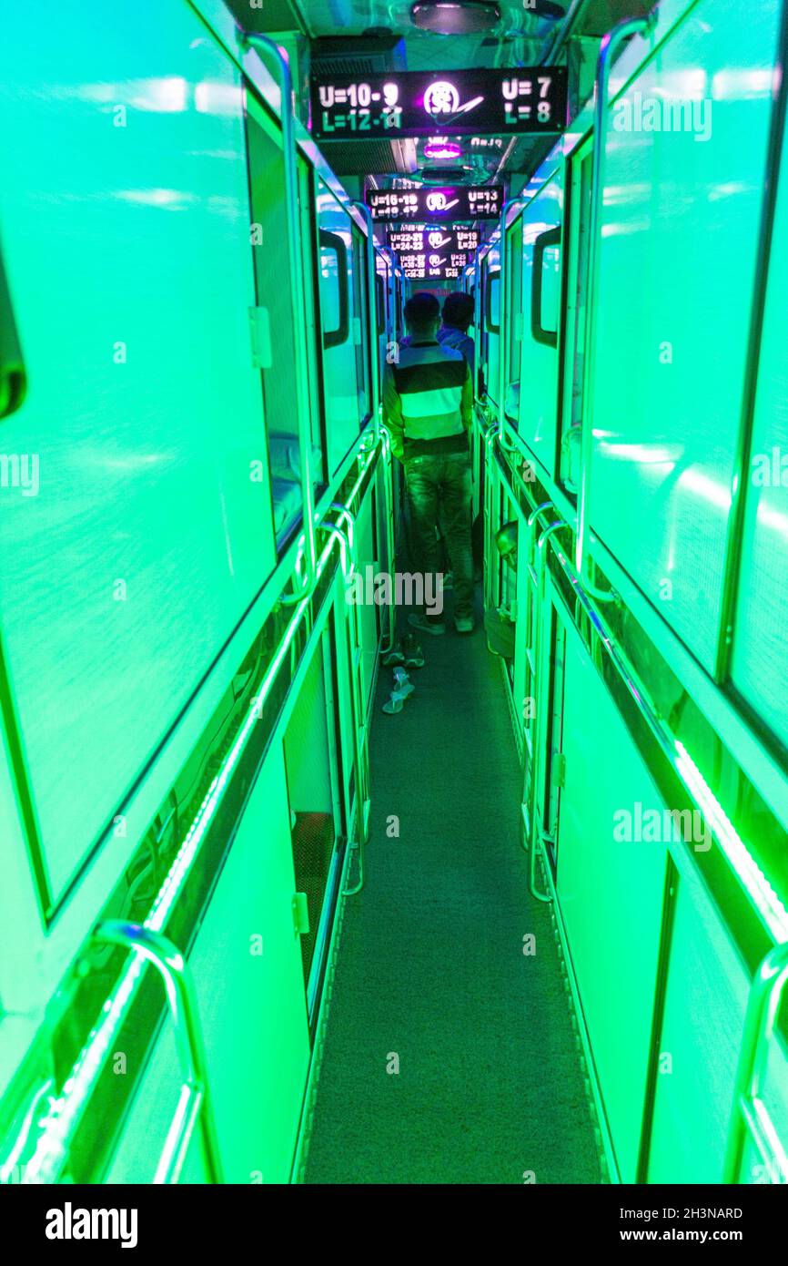 AURANGABAD, INDIA - FEBRUARY 7, 2017: Interior of a sleeper bus in India Stock Photo