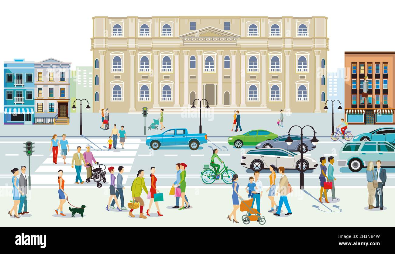 City view with town hall traffic and pedestrians at the zebra crossing ...