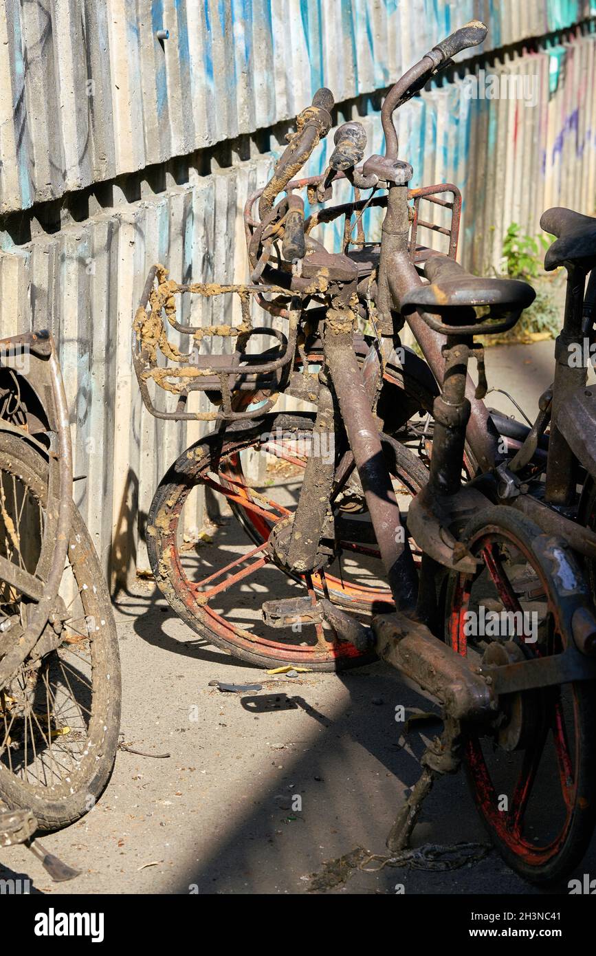 Old rusty rental bicycles taken out of the river Spree on the banks of the river in Berlin Stock Photo