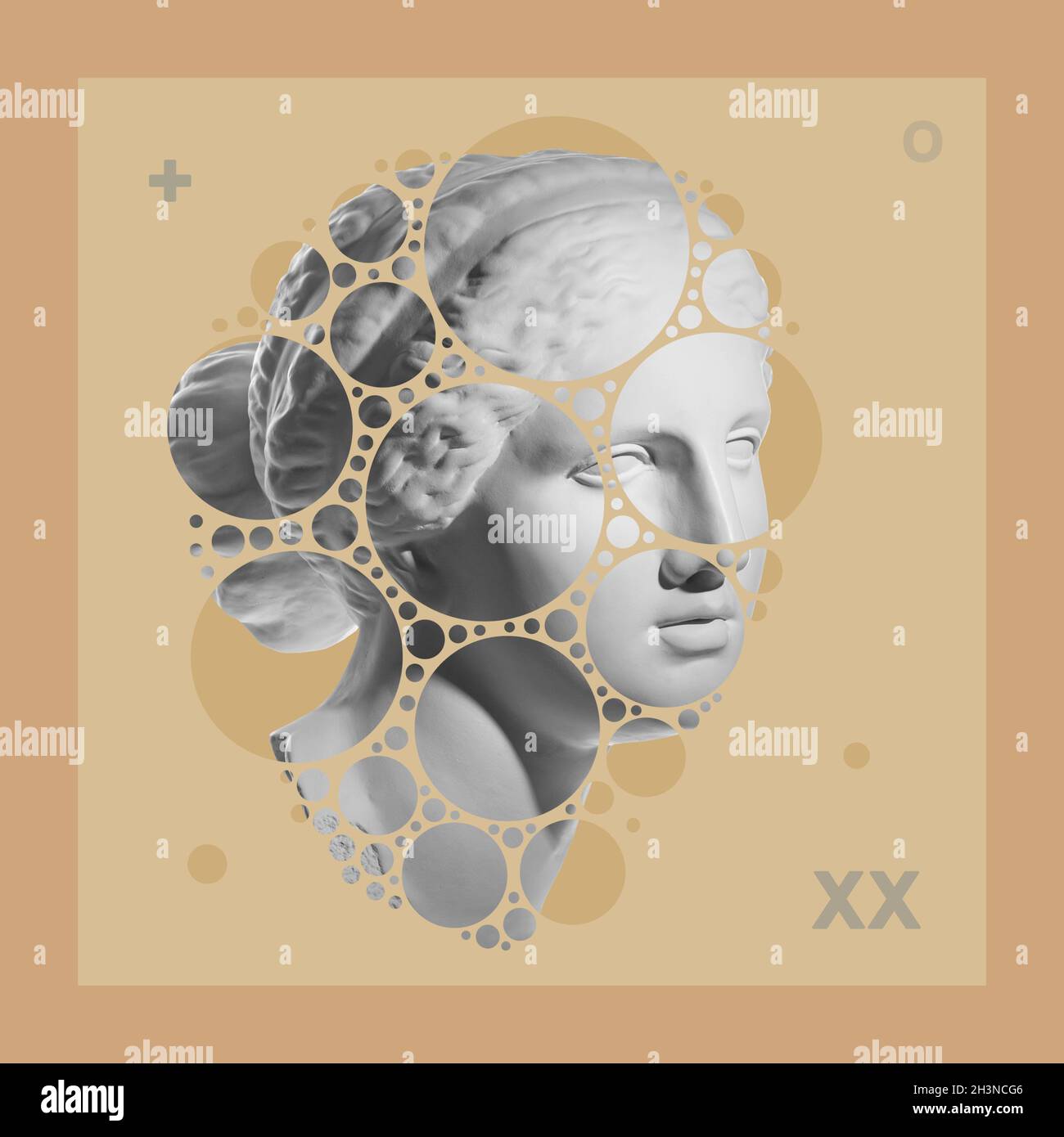 Art collage with antique sculpture of Venus face and numbers, geometric shapes. Beauty, fashion and health theme. Science, resea Stock Photo