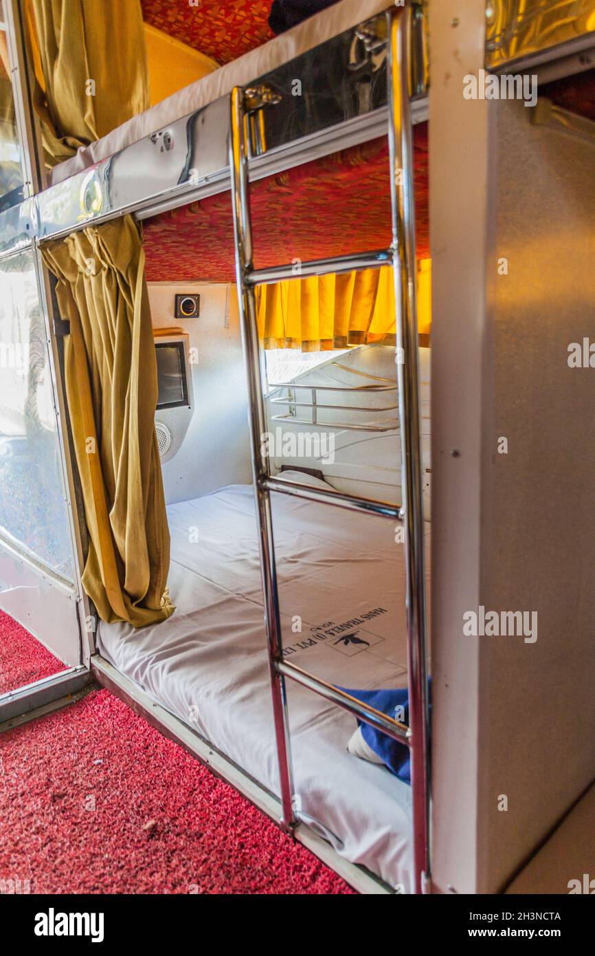 BHOPAL, INDIA - FEBRUARY 5, 2017: Interior of a sleeper bus in India Stock Photo