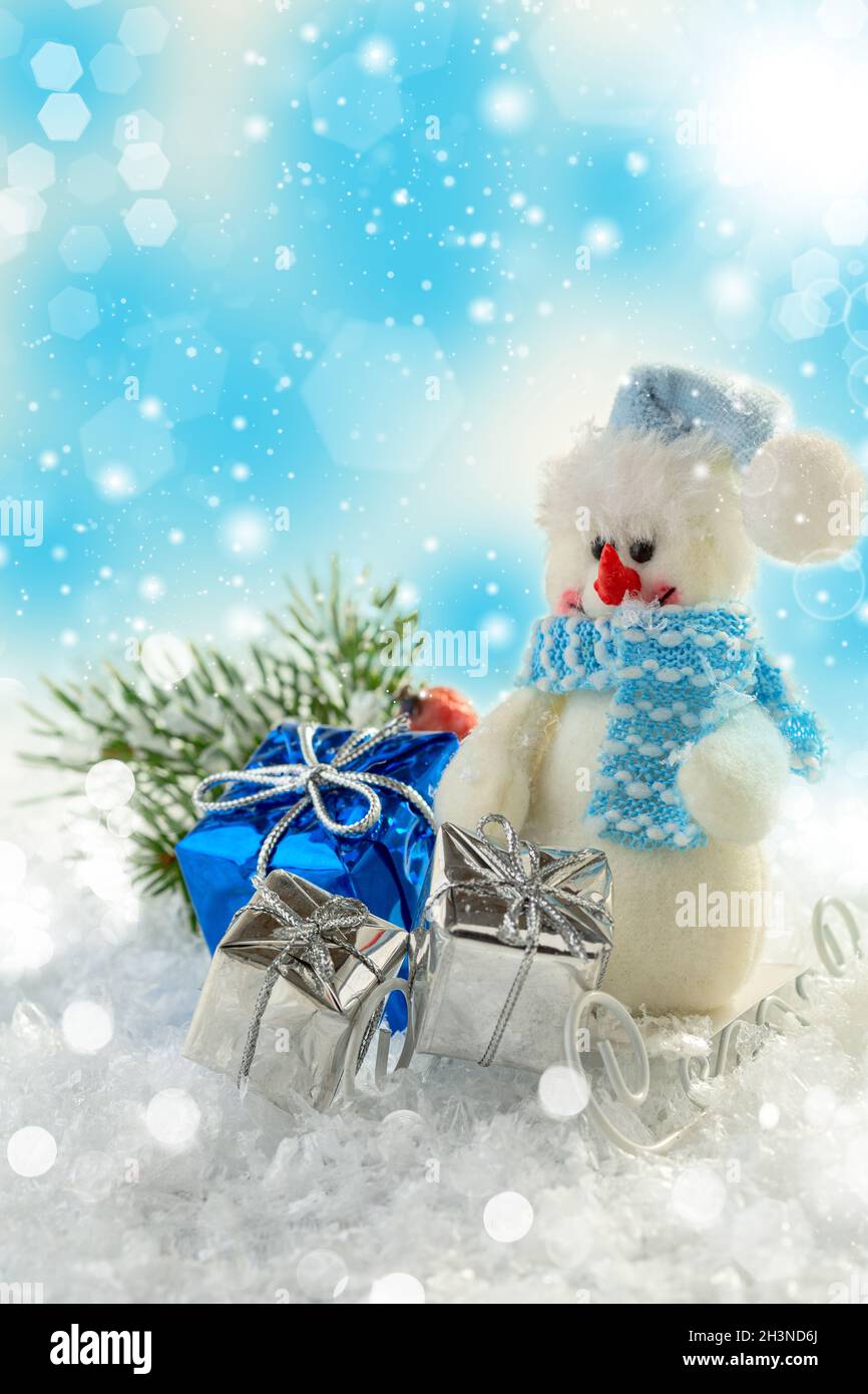 Christmas card with a funny snowman. Stock Photo