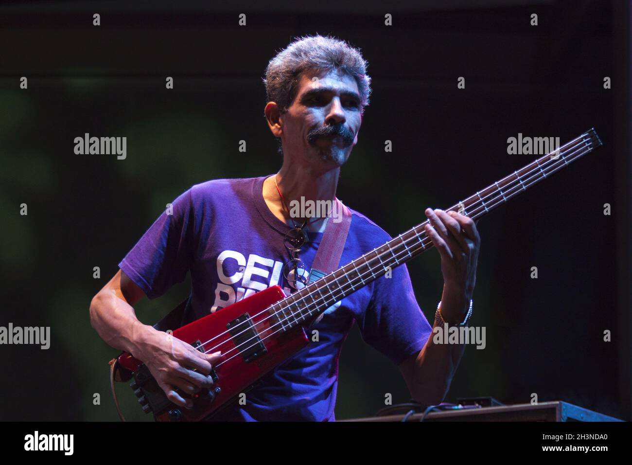 Closeup of Lalo Pina playing bass guitar, brother of Celso Pina and lifelong bass player. The Corazon de Mexico concert stage on July 7, 2011 in Toton Stock Photo