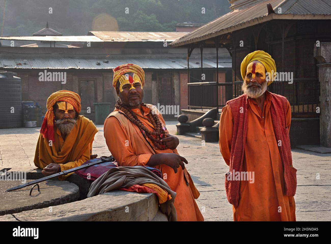 Kathmandu, Nepal April 10, 2016 Hindu sadhu babas in saffron color clothing in ancient