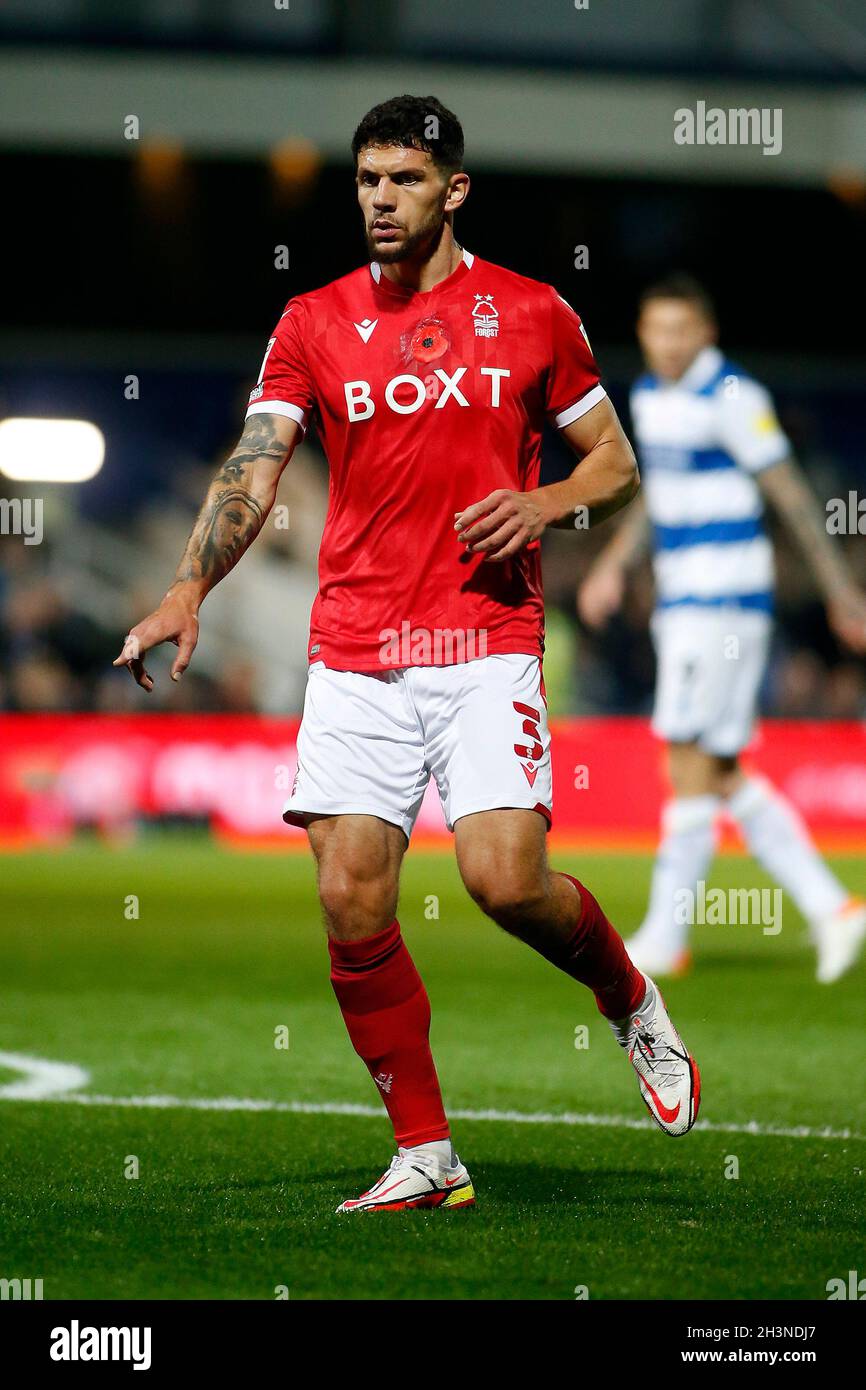 London, UK. 29th Oct, 2021. Tobias Figueiredo of Nottingham Forest in action during the game. EFL Skybet Championship match, Queens Park Rangers v Nottingham Forest at The Kiyan Prince Foundation Stadium, Loftus Road in London on Friday 29th October 2021. this image may only be used for Editorial purposes. Editorial use only, license required for commercial use. No use in betting, games or a single club/league/player publications. pic by Steffan Bowen/Andrew Orchard sports photography/Alamy Live news Credit: Andrew Orchard sports photography/Alamy Live News Stock Photo