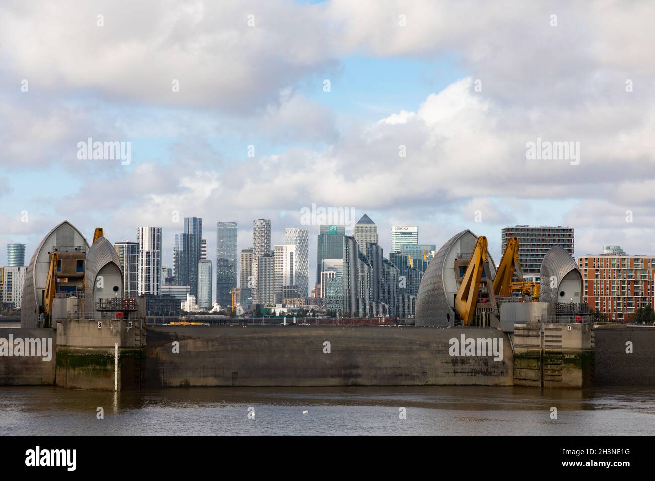 A view of canary Wharf, London protected by the Thames Barrier. UK, October 2021. Stock Photo