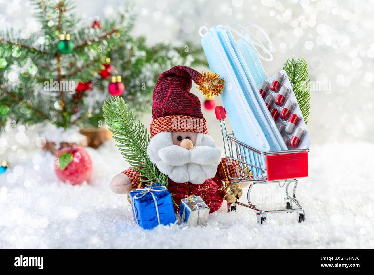 Christmas with Santa Claus coronavirus. Christmas composition. Stock Photo