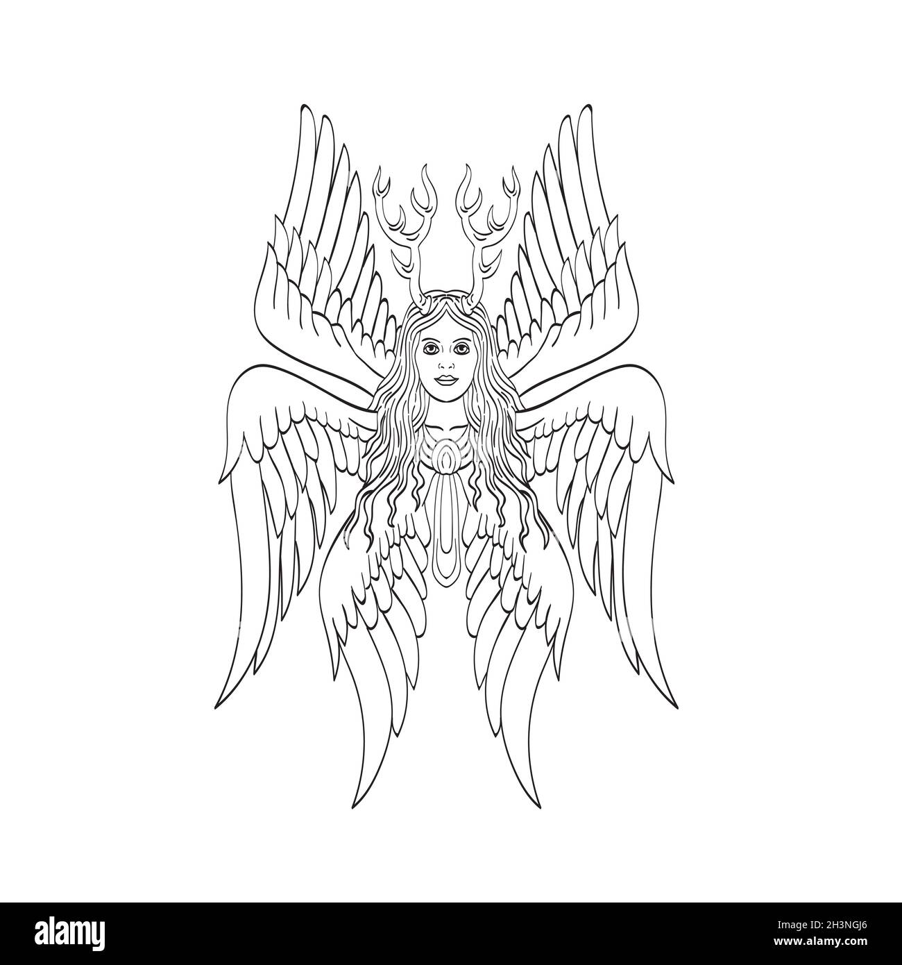 Seraph or Seraphim a Six-Winged Fiery Angel with Six Wings and Deer Antlers Tattoo Style Black and White Stock Photo
