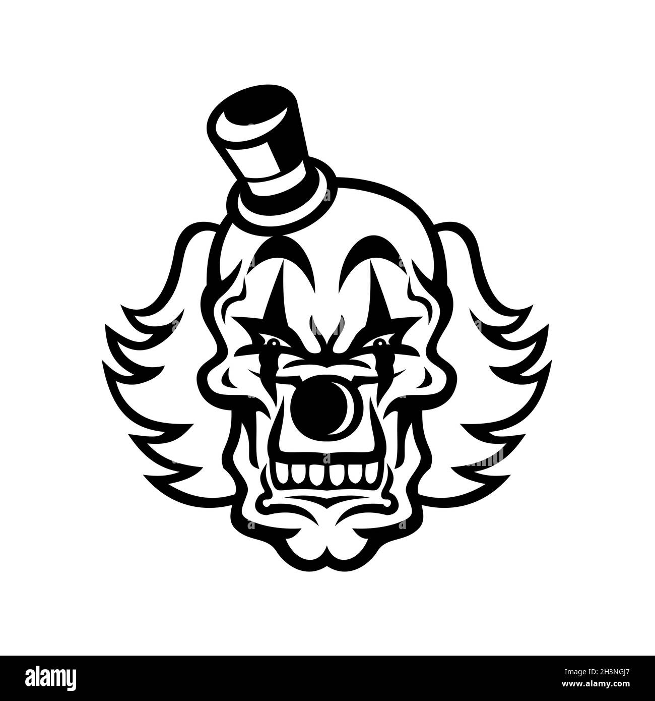 Head of Scary and Evil Whiteface Clown Skull Front View Mascot Black and White Stock Photo