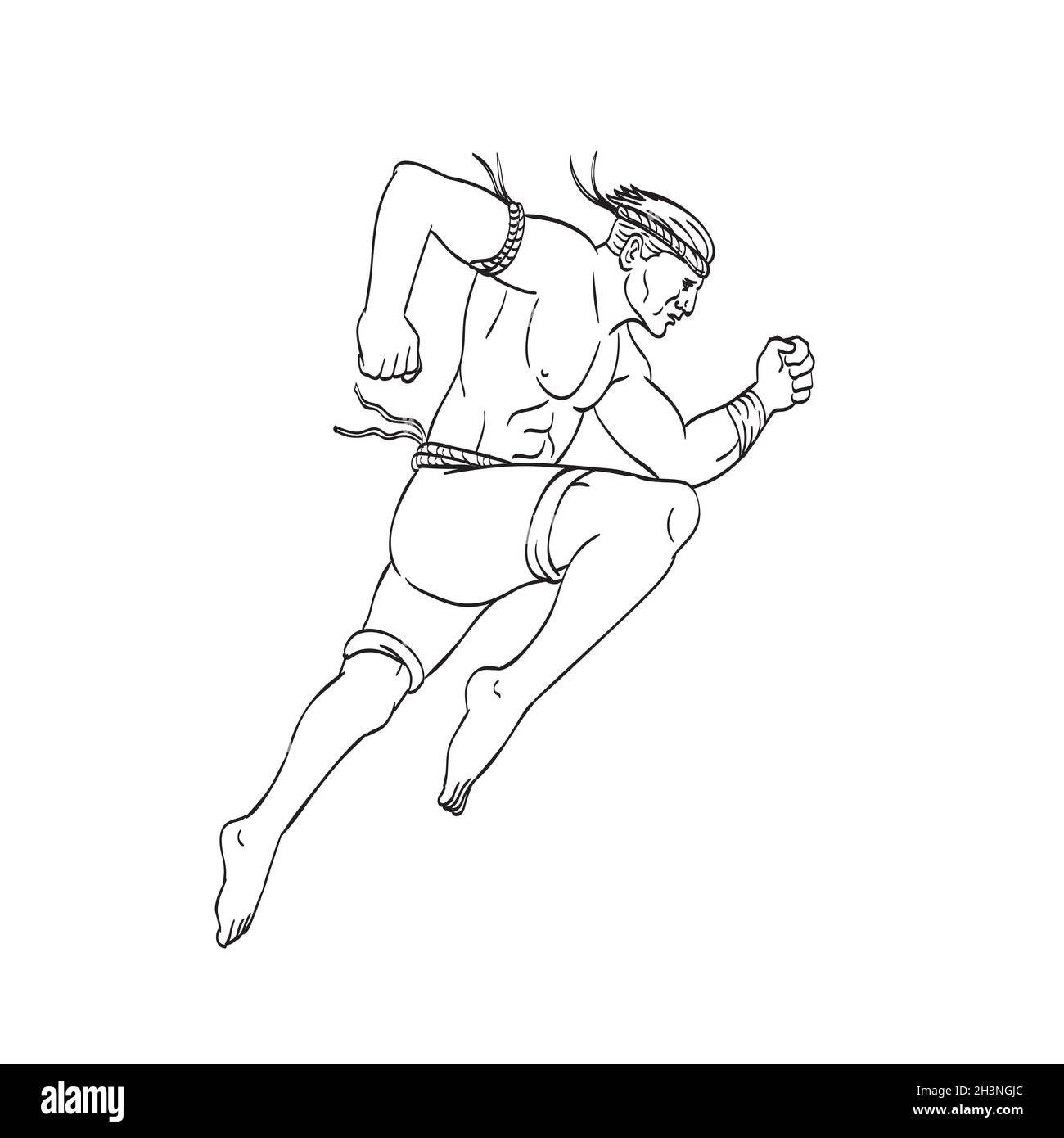 Muay Thai or Thai Boxing Fighter Jumping Striking with Knee Side Tattoo Style Black and White