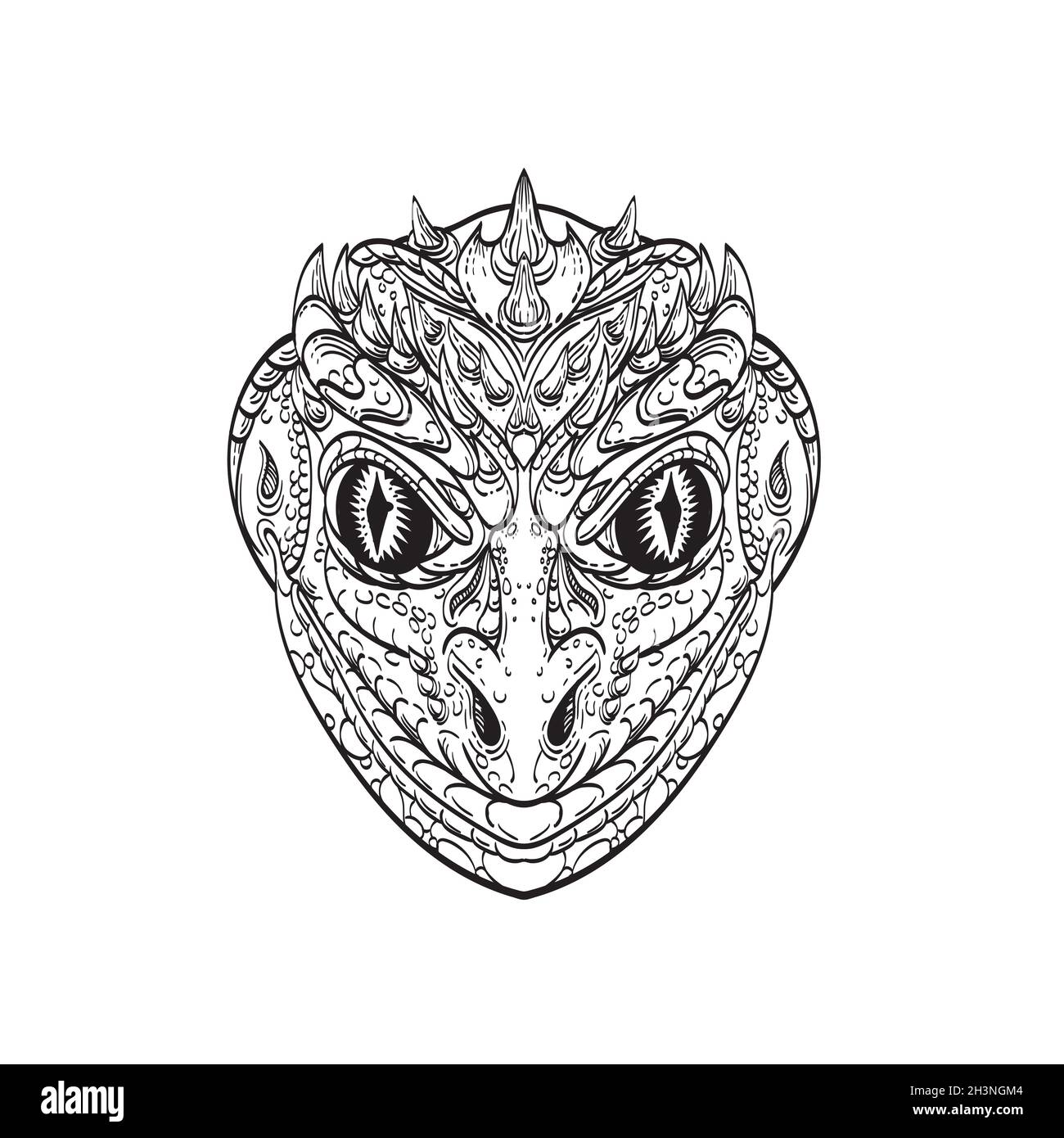 Head of a Reptilian Humanoid or Anthropomorphic Reptile Part Human Part Lizard Line Art Drawing Stock Photo