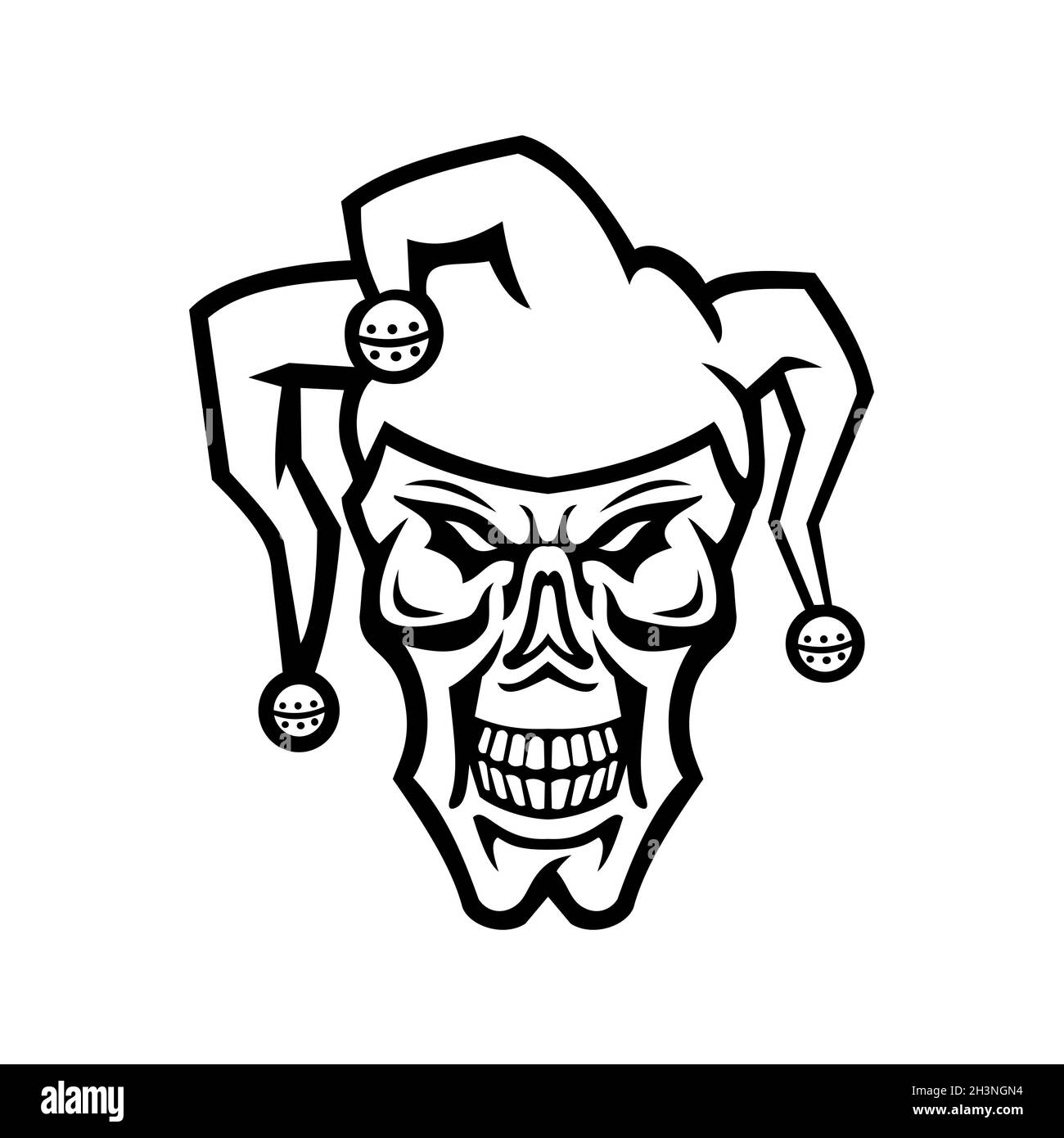 Head of a Court Jester or Joker Skull Skull Front View Mascot Black and White Stock Photo