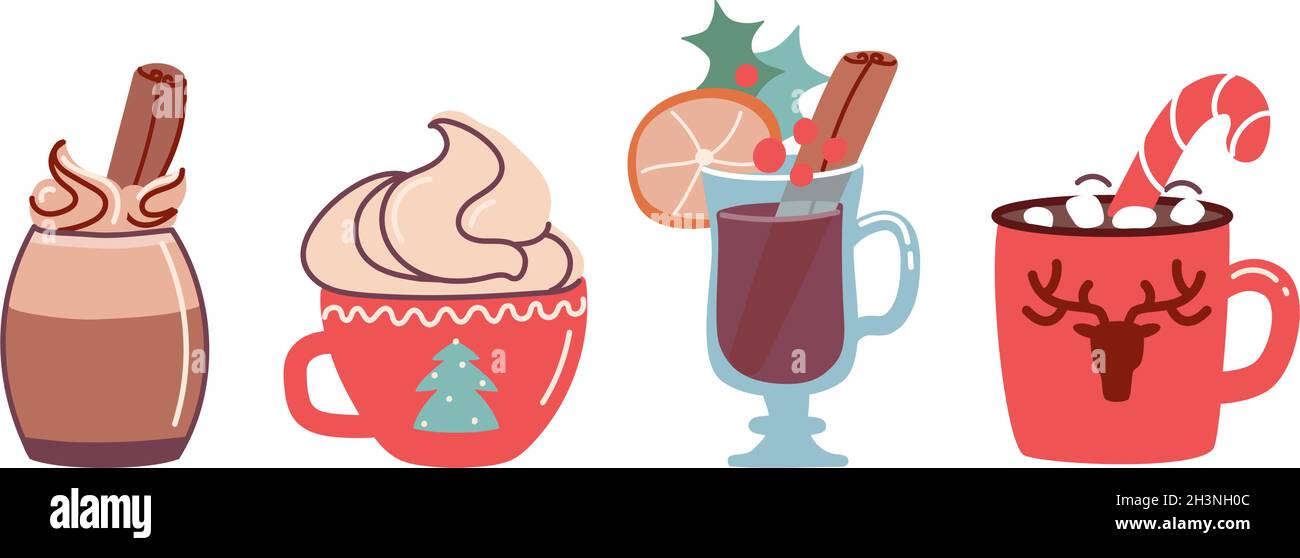 Set of Christmas drinks cocoa with marshmallows and hot chocolate and mulled wine. vector illustration in flat style isolated on white background Stock Vector