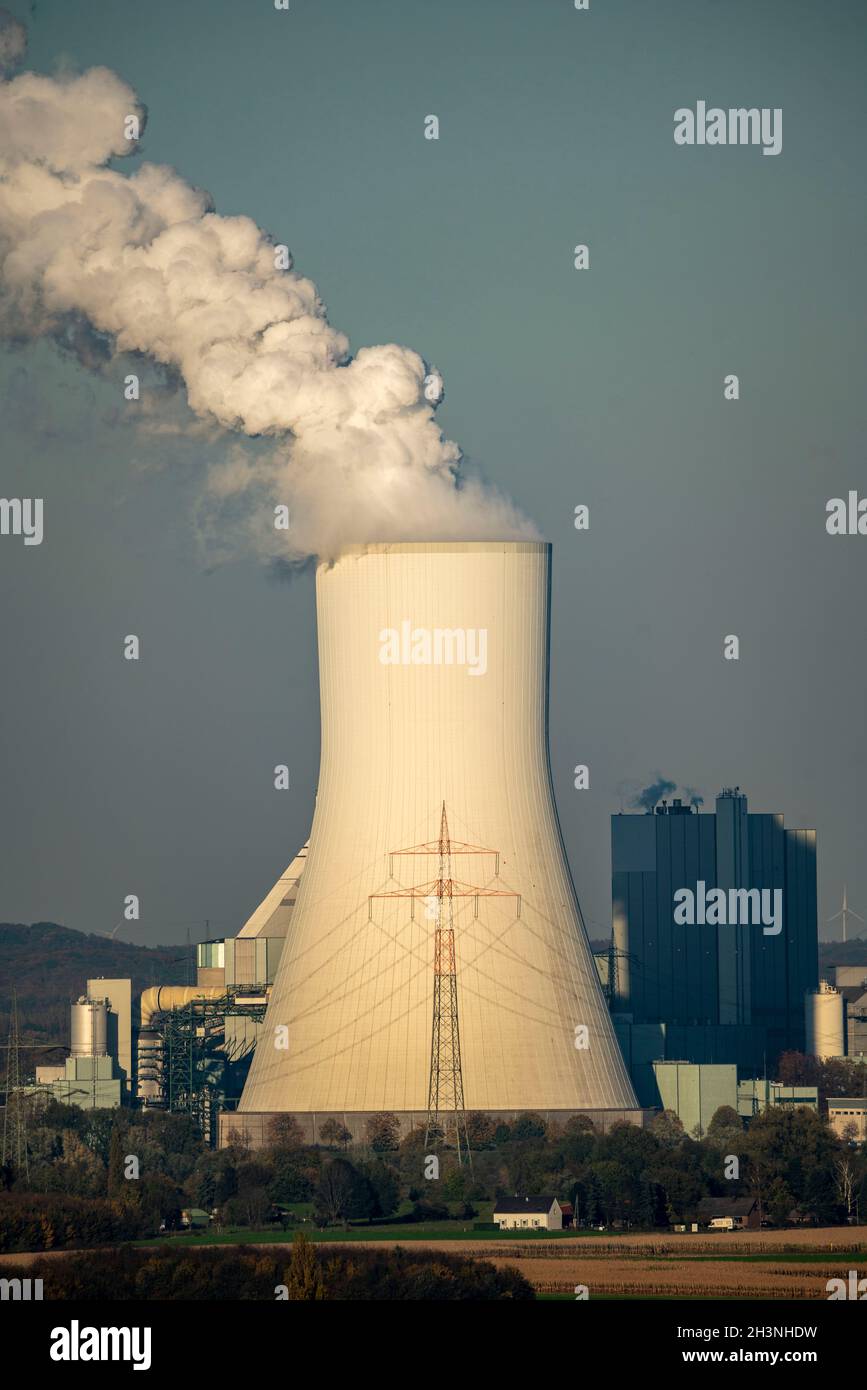 Cooling tower of the coal-fired power plant Duisburg-Walsum, operated by STEAG and EVN AG , 181 metres high, power plant unit 10, water vapour cloud, Stock Photo