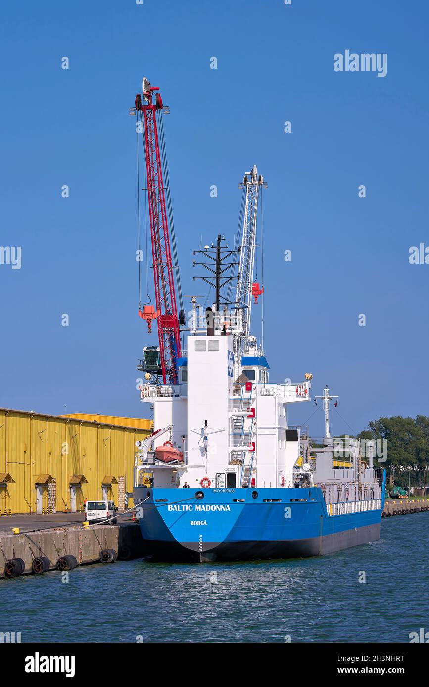 The General Cargo Ship Baltic Madonna in the port of Swinoujscie on the Polish Baltic coast Stock Photo