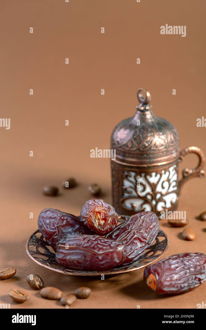 Arabian coffee traditional set and dates. Stock Photo
