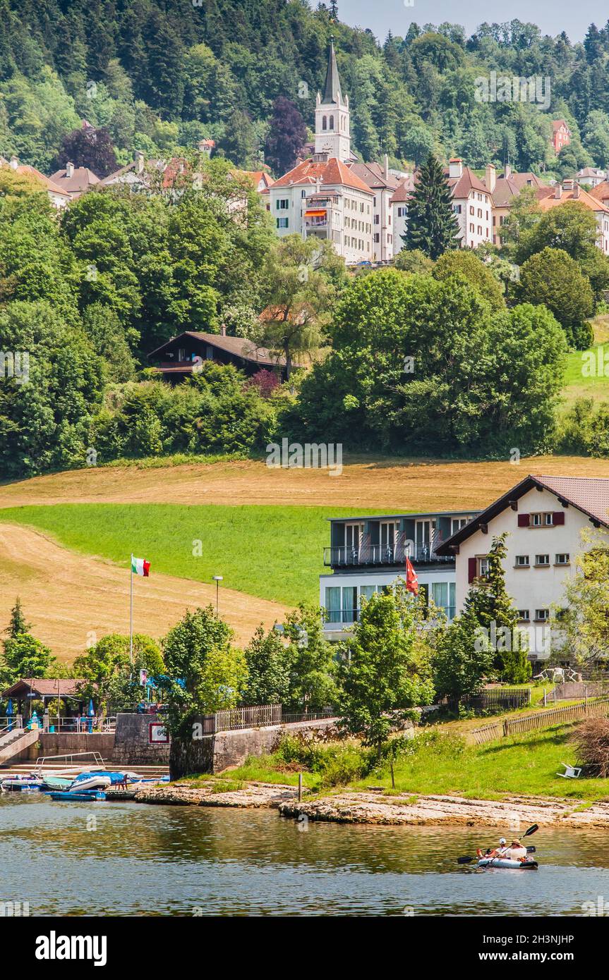 Villers-le-Lac on the banks of the Doubs and the Doubs waterfalls in France Stock Photo