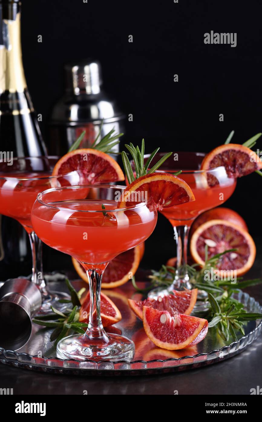 Bloody orange citrus champagne cocktail. Delicious, classy drink that everyone at your party will lo Stock Photo