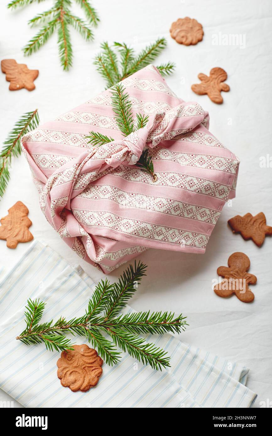 Christmas ecofriendly gift wrap in traditional japanese furoshiki