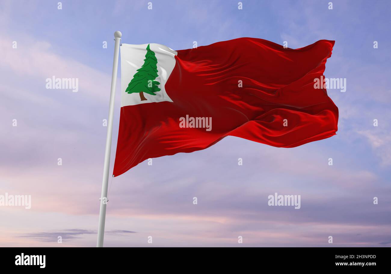 flag of county New England pine , USA at cloudy sky background on ...
