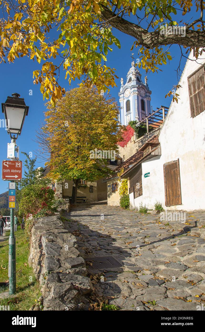 Dürnstein, a small town on the Danube river in the Krems-Land district, is one of the most-visited tourist destinations in the Wachau region. Stock Photo