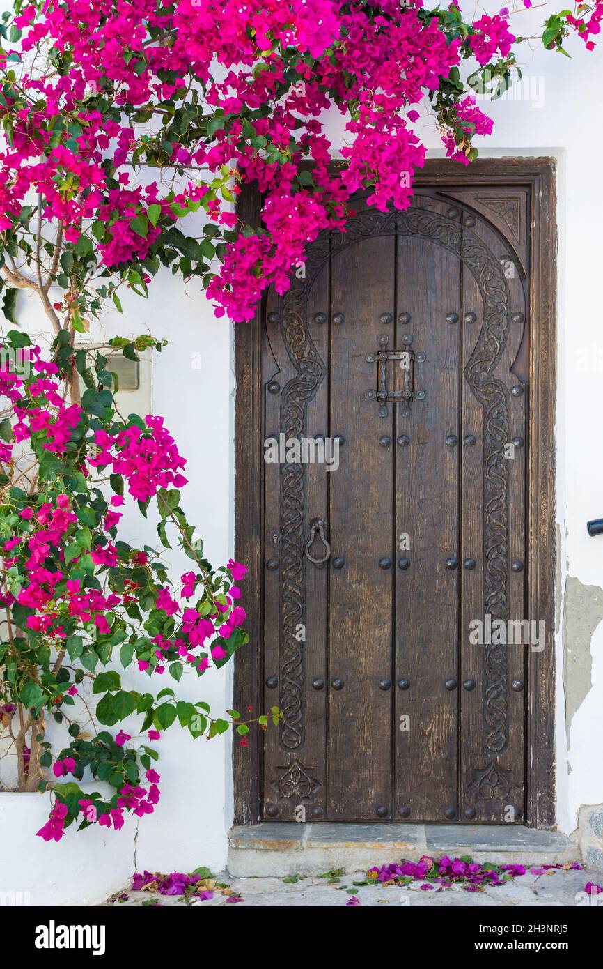 Beautiful wooden, front door of a house decorated with flowers Stock