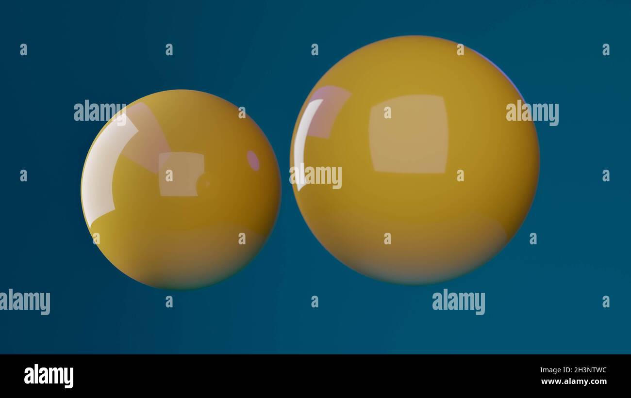 3D render with orange balls floating in space on a blue background ...