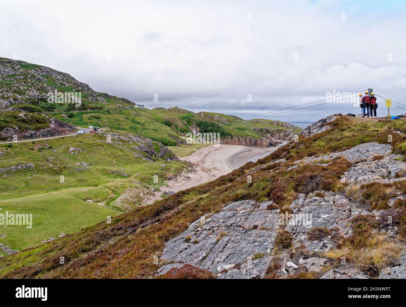 Zip Line Over Ceannabeinne Beach on the North Coast 500 Route, Durness, Sutherland, North Coast of Scotland, UK - 19th of July 2021 Stock Photo