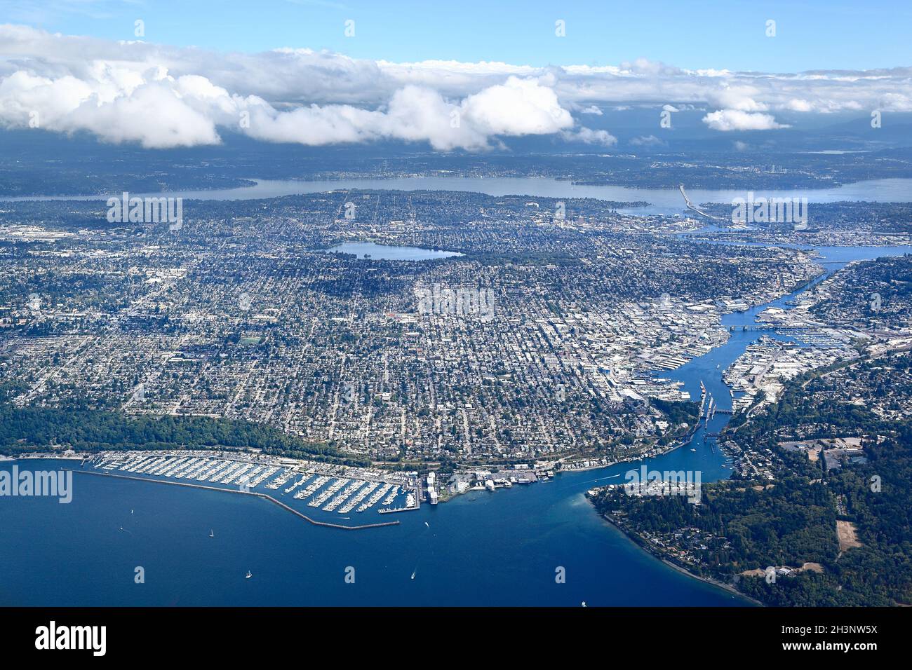 Aerial View of the waterfront just north of Downtown Seattle showing Shilshole bay and Lake Washington Ship Canal. Stock Photo
